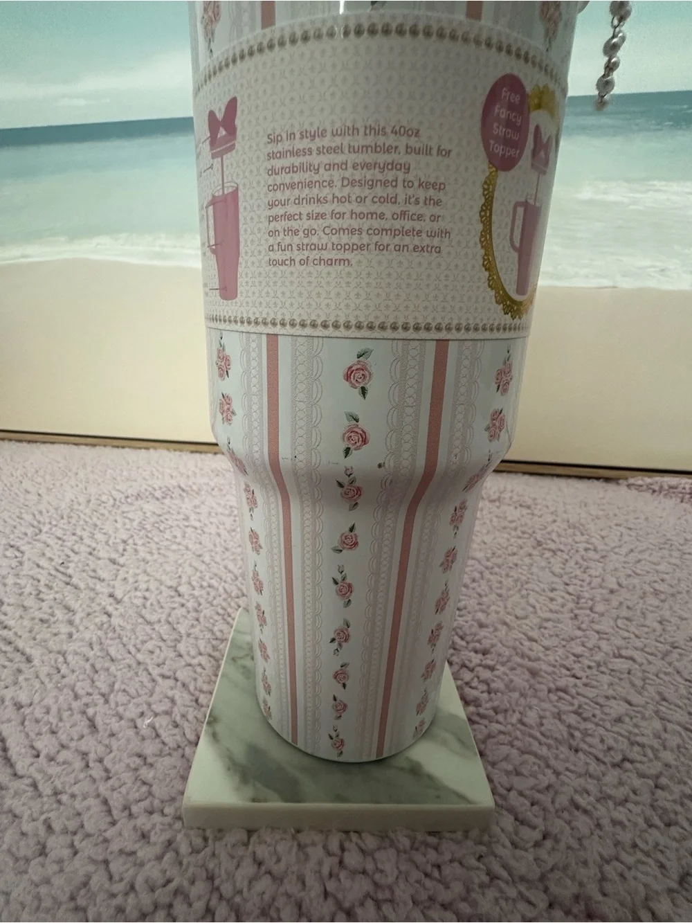 Cream Bow Straw Tumbler with Pink Floral Travel Mug